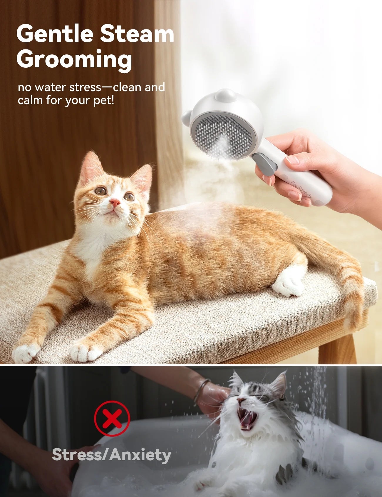 3 in 1 Cat Brush, Cat Steam Brush for Shedding & Grooming Tool, Self-Cleaning Slicker Brush for Indoor Cats, Pet Hair Removal Comb with Release Button for Long Short Haired Cats Dogs