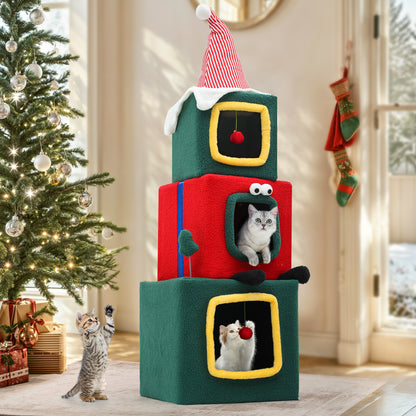 Christmas Cat Tree with Cat House Cat Tower for Indoor Cats with Cat Condos