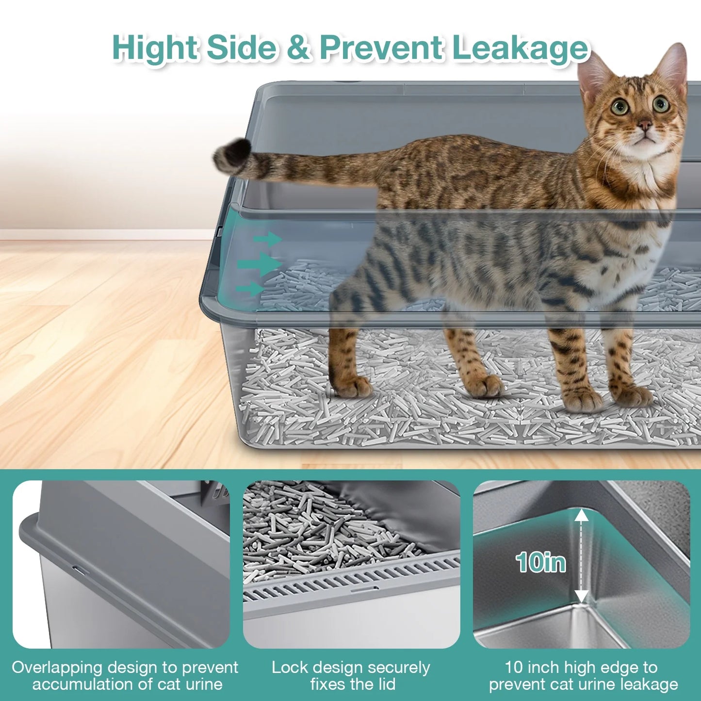 XL Stainless Steel Cat Litter Box for Multiple Cats, MS-60 Metal Cat Litter Box with Scoop & Mat, Dark Gray