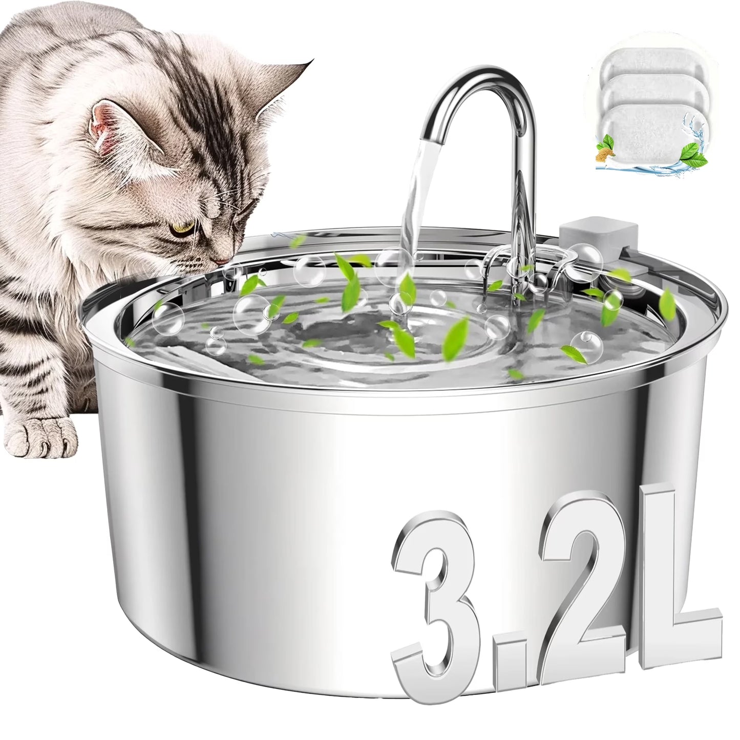 3.2L/108Oz Cat Water Fountain Premium Stainless Steel with 3 Filters, Automatic Pet Fountain Dispenser for Cats Dogs, with Ultra-Quiet Pump