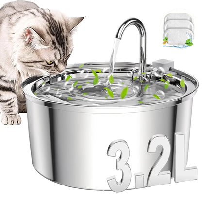 3.2L/108Oz Cat Water Fountain Premium Stainless Steel with 3 Filters, Automatic Pet Fountain Dispenser for Cats Dogs, with Ultra-Quiet Pump