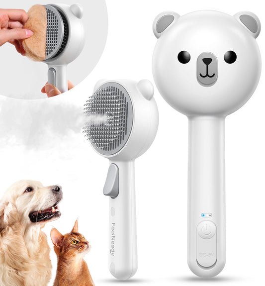 3 in 1 Cat Brush, Cat Steam Brush for Shedding & Grooming Tool, Self-Cleaning Slicker Brush for Indoor Cats, Pet Hair Removal Comb with Release Button for Long Short Haired Cats Dogs