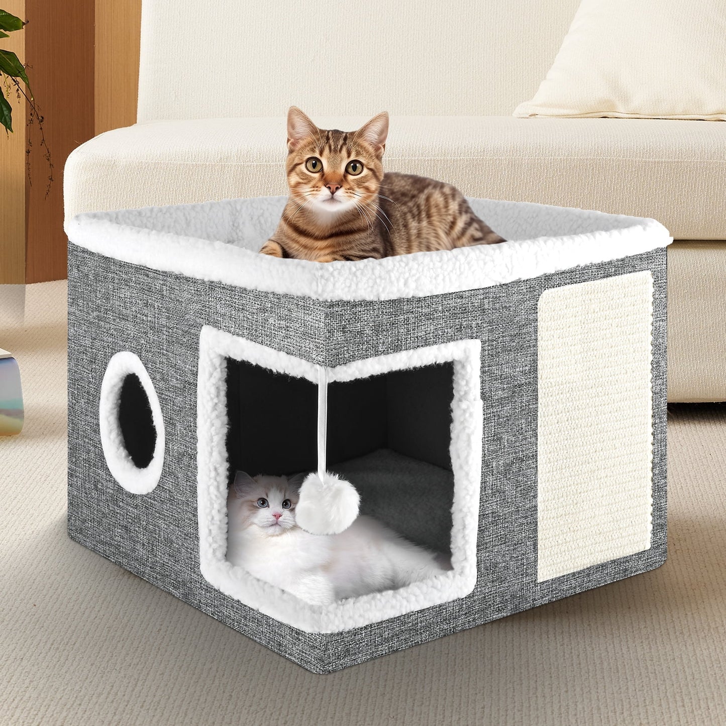Cat Bed,  Cat House for Indoor Cats with 2 Cushion, Large Cat Cave with Scratch Pad and Fluffy Ball Hanging, Grey