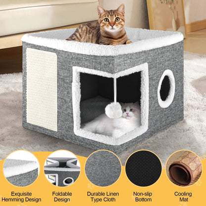 Cat Bed,  Cat House for Indoor Cats with 2 Cushion, Large Cat Cave with Scratch Pad and Fluffy Ball Hanging, Grey