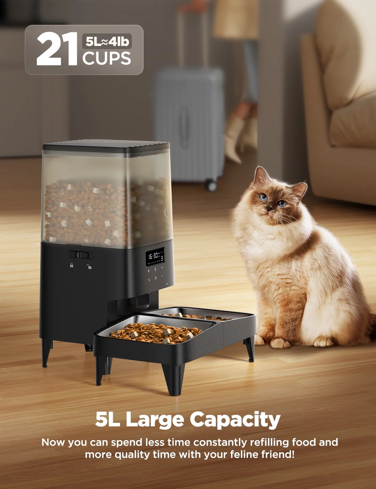 Automatic Cat Feeder, 5L Timed Pet Food Dispenser, Elevated Cat Dog Feeder with 2 Stainless Steel Bowls, Black