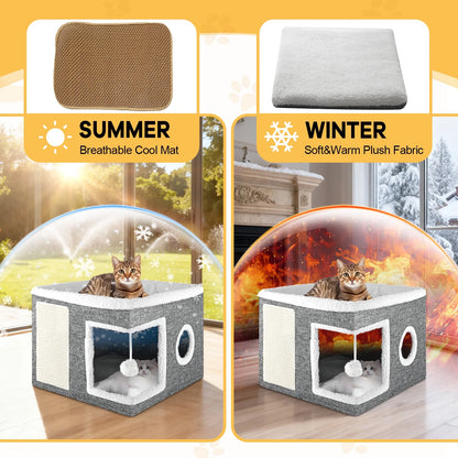 Cat Bed,  Cat House for Indoor Cats with 2 Cushion, Large Cat Cave with Scratch Pad and Fluffy Ball Hanging, Grey