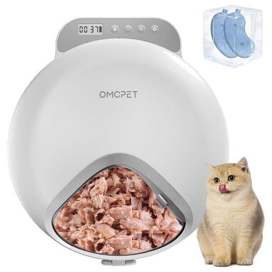 Automatic Cat Feeder Wet Food, Auto Refrigerated Wet/Dry Food Feeder with 2 Ice Packs, 4 Meal Timed Fresh Foods Dispenser for Kitty Puppy Automatic Food Bowl, Easy to Clean, White