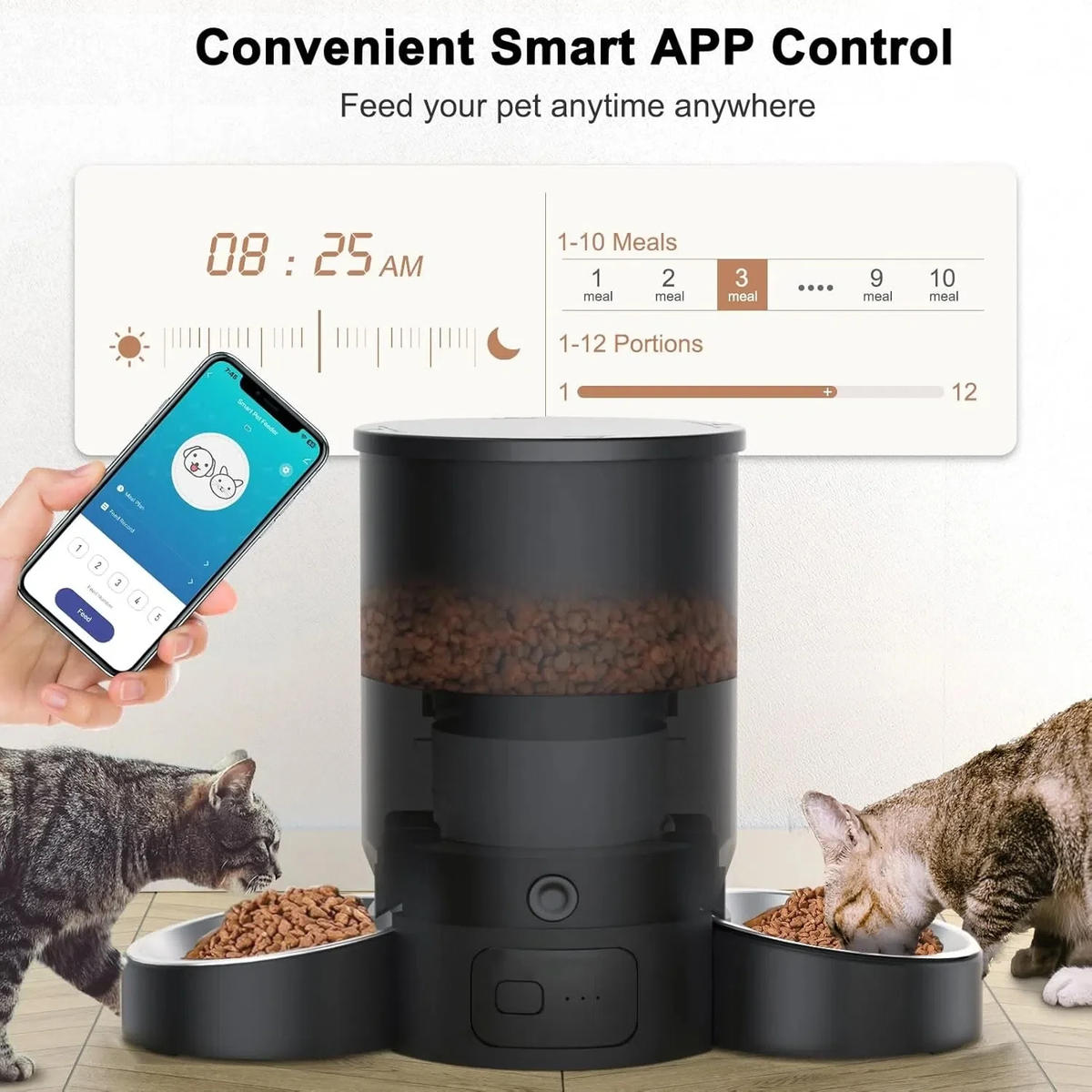 Eotvia Automatic Cat Feeder, Wifi Smart Food Dispenser with APP Control for Remote Feeding, Dual Power Supply, Timed Pet Feeder Programmable 1-10 Meals, 3L, Black