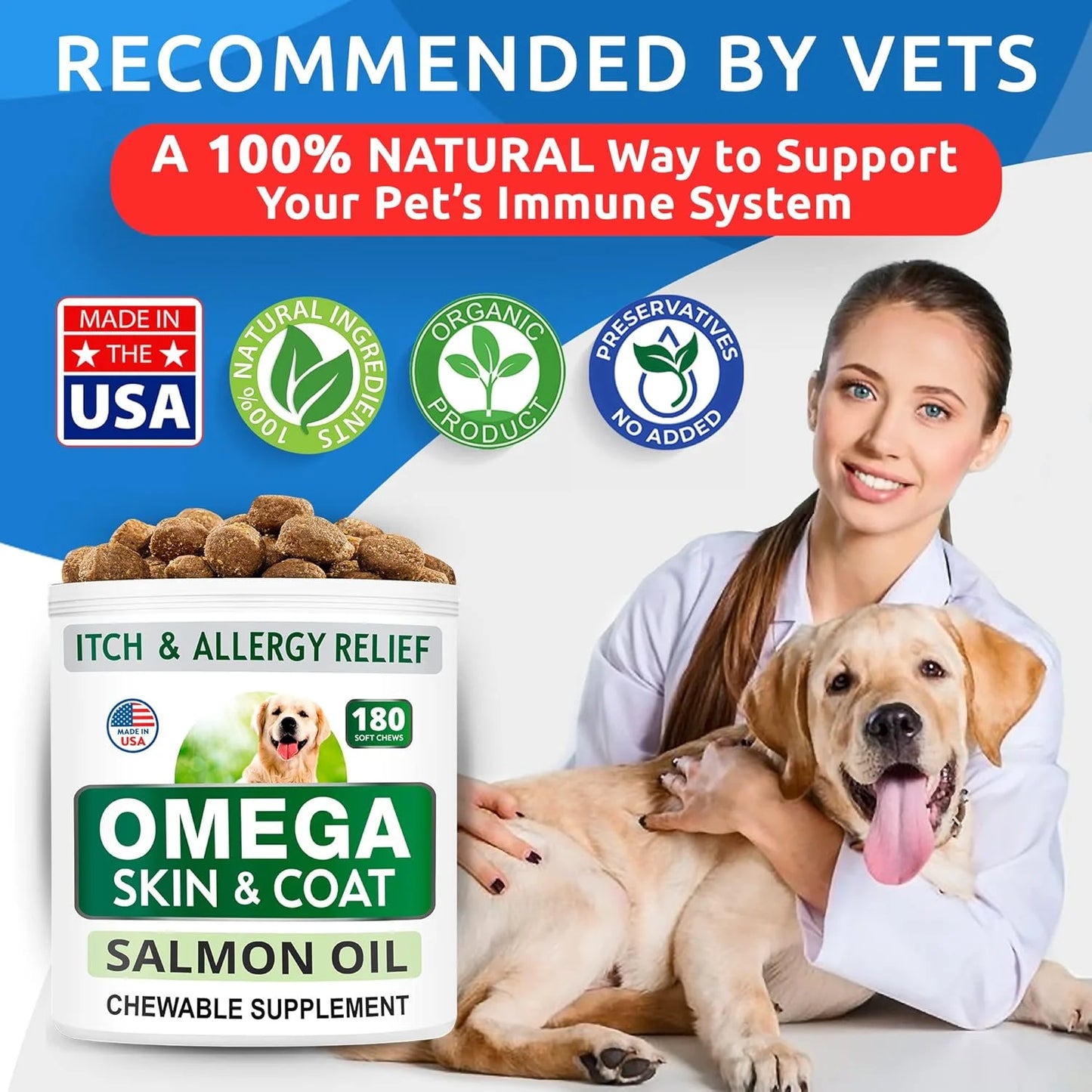 Omega 3 for Dogs - 180 Fish Oil Treats for Dog Shedding, Skin Allergy, Itch Relief, Hot Spots Treatment - Joint Health - Skin and Coat Supplement - EPA & DHA Fatty Acids - Salmon Oil