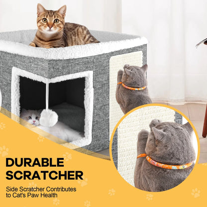 Cat Bed,  Cat House for Indoor Cats with 2 Cushion, Large Cat Cave with Scratch Pad and Fluffy Ball Hanging, Grey