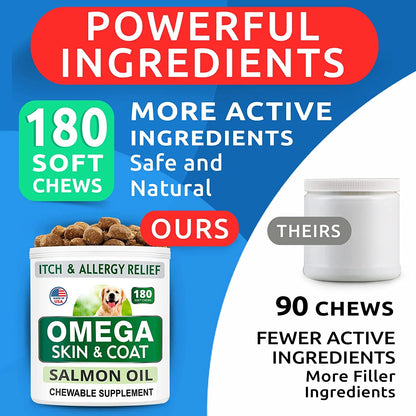 Omega 3 for Dogs - 180 Fish Oil Treats for Dog Shedding, Skin Allergy, Itch Relief, Hot Spots Treatment - Joint Health - Skin and Coat Supplement - EPA & DHA Fatty Acids - Salmon Oil