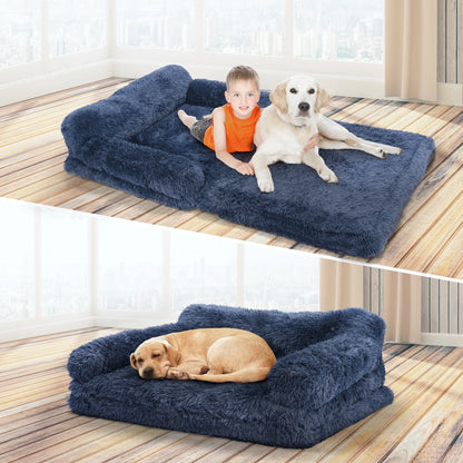 Foldable Human Dog Bed for Adult, Orthopedic Memory Foam Dog Bed for Humans, Waterproof Human Dog Bed for People, Faux Fur Human Sized Dog Bed,Black