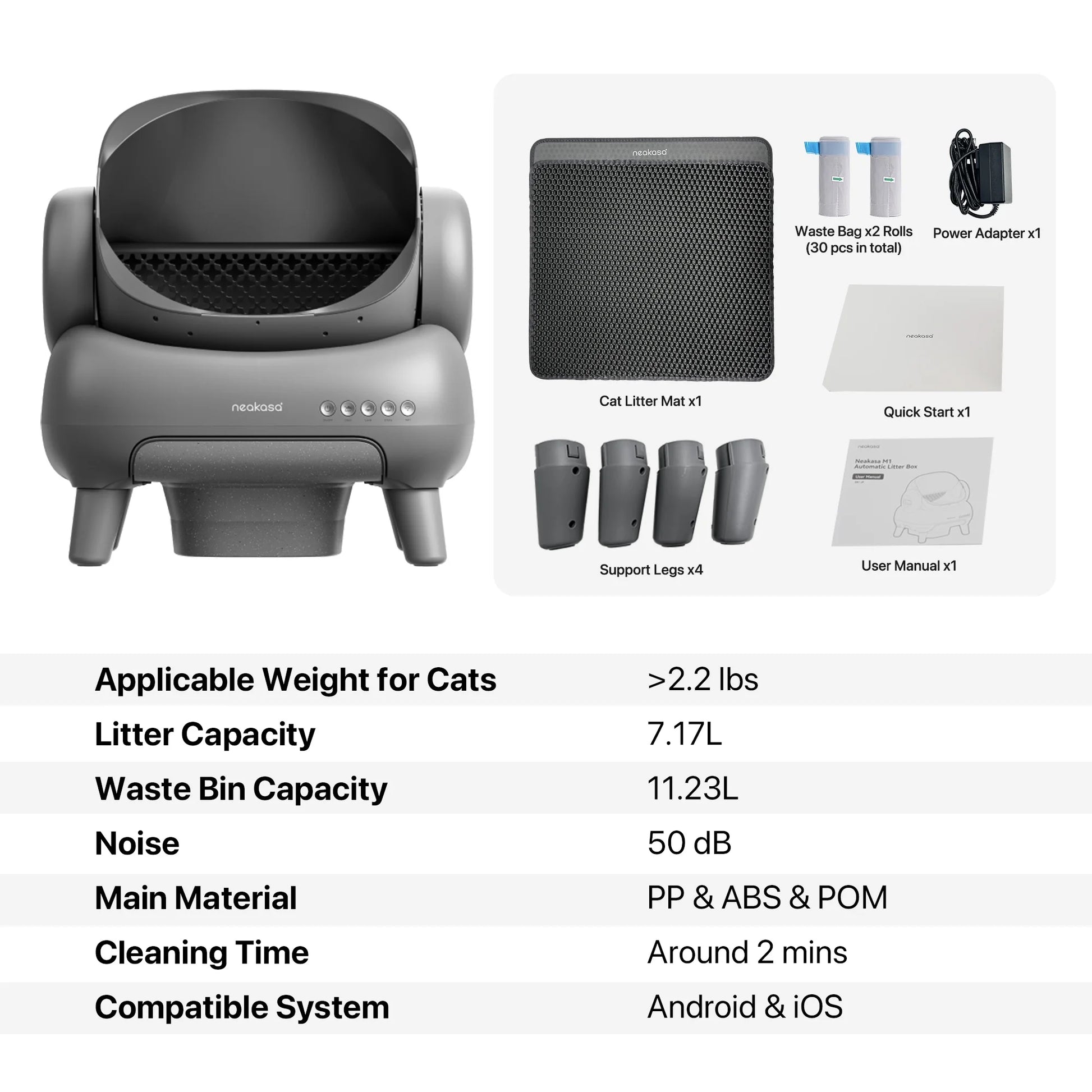 M1 plus Self-Cleaning Automatic Cat Litter Box with Sensor, 7.17L, Odor-Free Waste Disposal, Includes Trash Bags