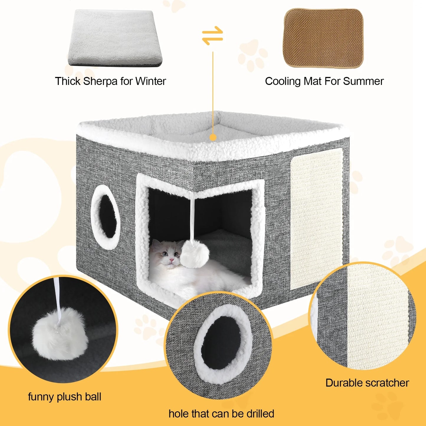 Cat Bed,  Cat House for Indoor Cats with 2 Cushion, Large Cat Cave with Scratch Pad and Fluffy Ball Hanging, Grey