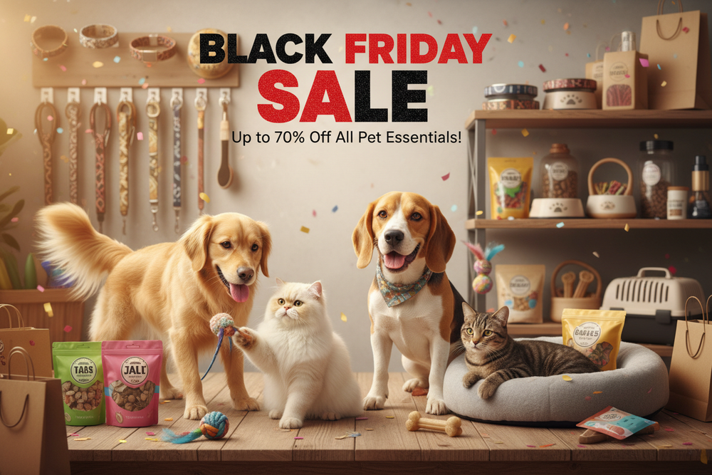 Generate a image of cats and dogs showcasing products and announcing Black Friday Sale.