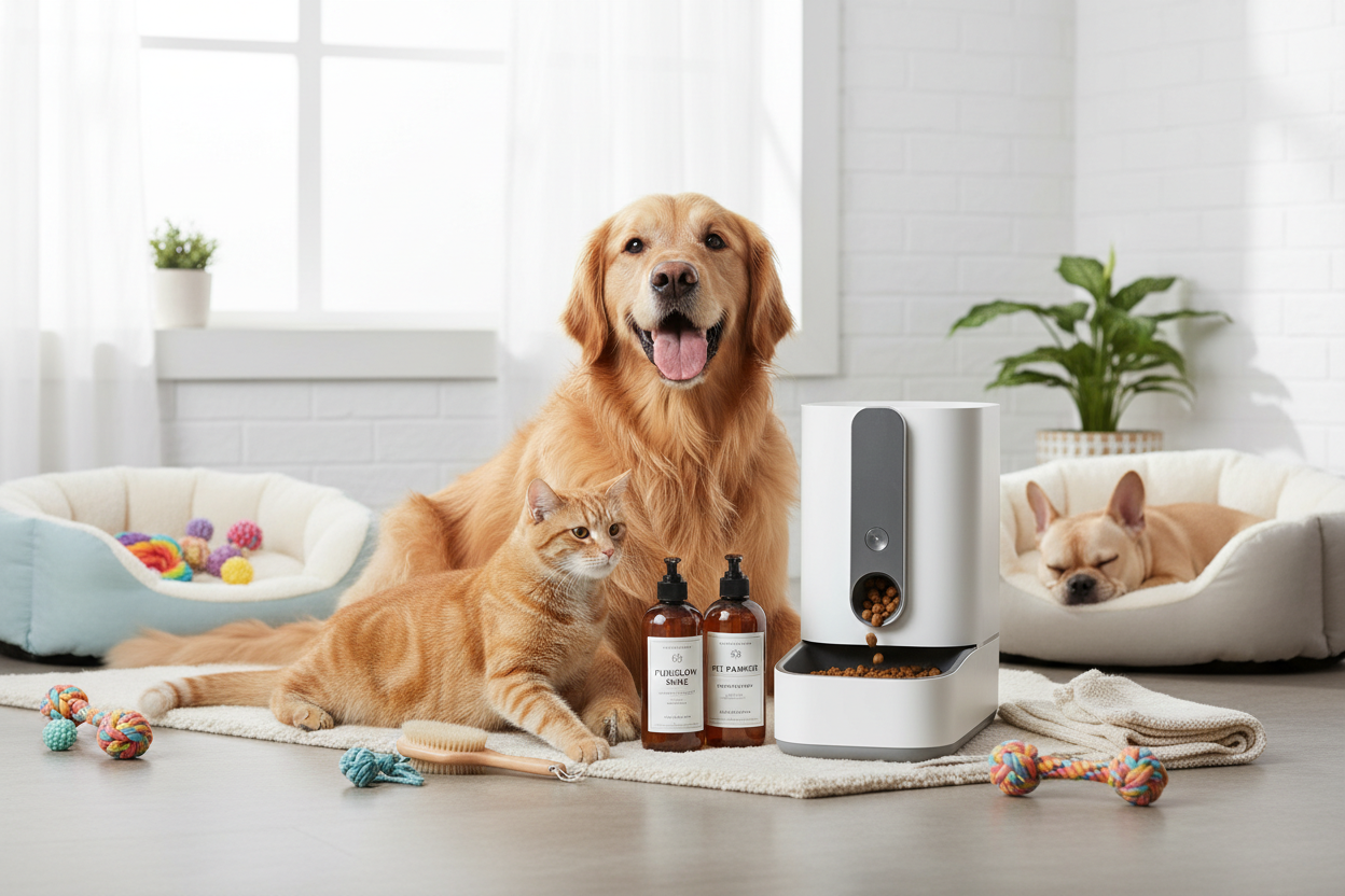 Generate a image of cats and dogs showing grooming products, automatic pet feeder, and pet beds.