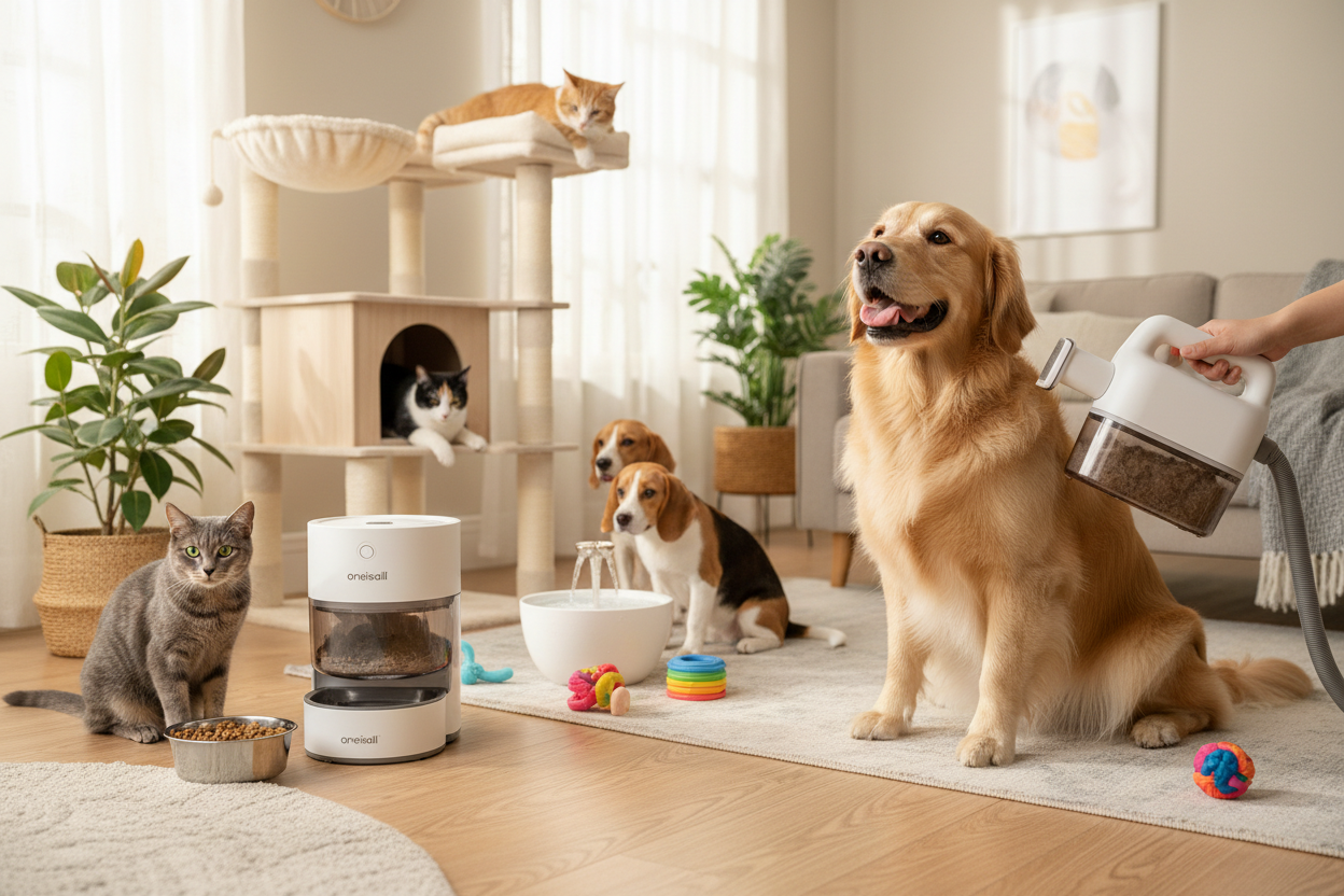Generate a image of cats and dogs using our products from Oneisall like grooming vacuum kit, automatic pet feeder, cat trees and condos, water fountain etc