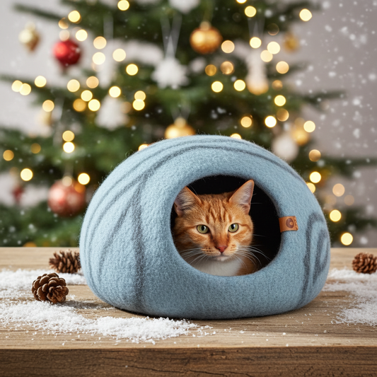 MEOWFIA Cat Cave – Premium Felt Cat Bed for Indoor Cats, Handmade 100% Merino Wool (Aquamarine, Medium)