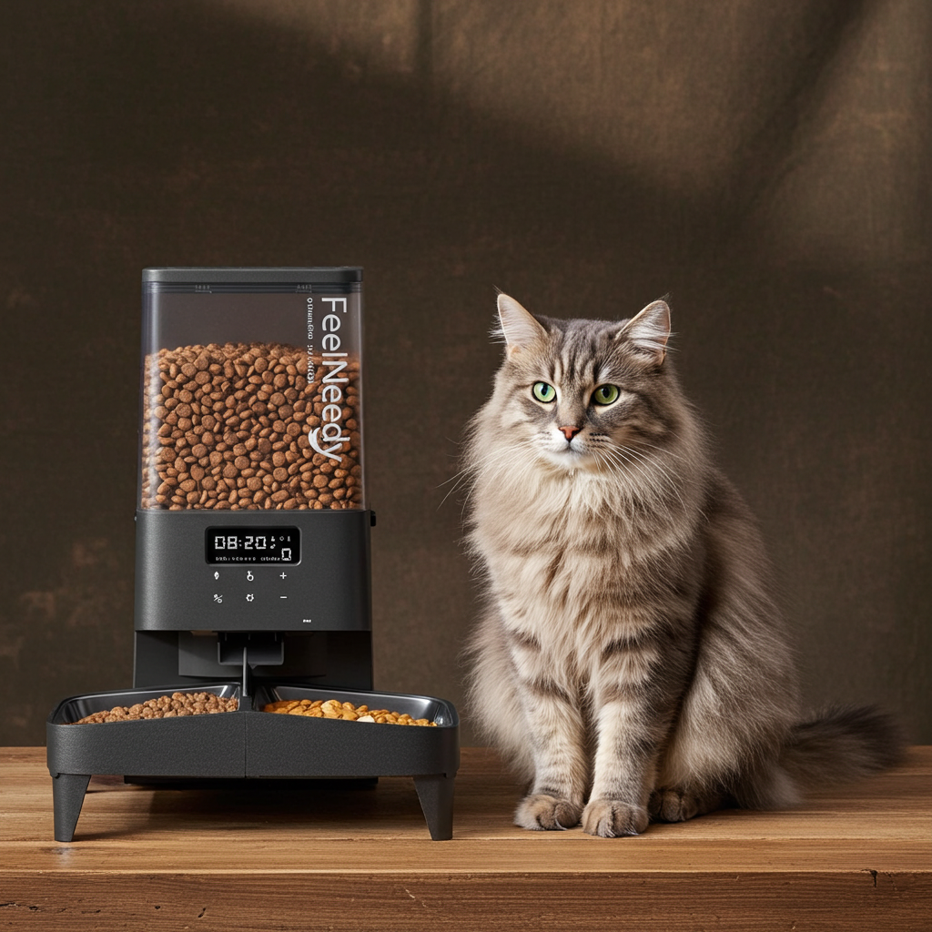 Cat sitting next to a pet food dispenser on a wooden surface with a brown background