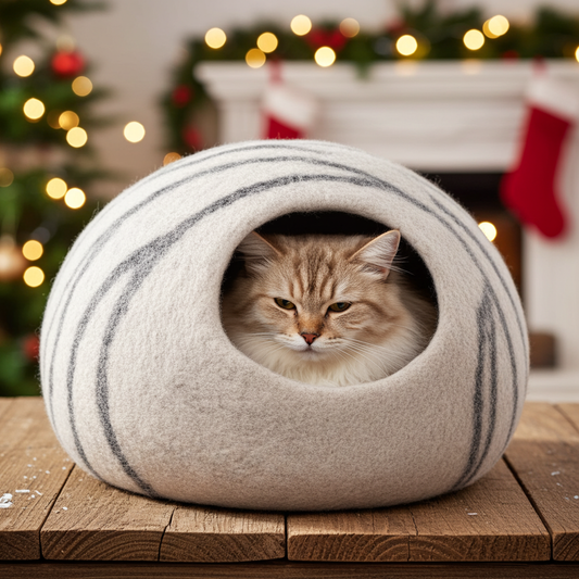 MEOWFIA Cat Cave – Premium Felt Cat Bed for Indoor Cats, Handmade 100% Merino Wool (Light Grey, Medium)