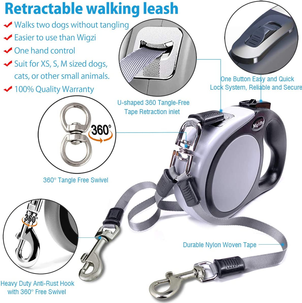 Double Retractable Dog Leash for Two Dogs up to 50 Lbs per Dog - 16 Ft Coupler Dog Leashes for Small Medium Dogs - One Locked System, Non Slip Grip, Tangle Free