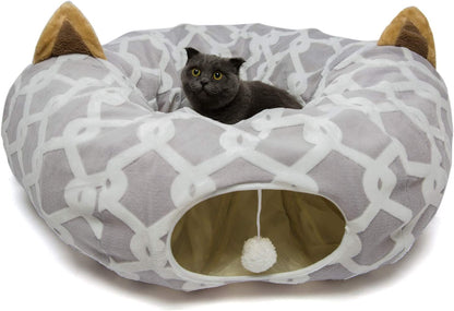 Large Cat Tunnel Bed with Plush Cover,Fluffy Toy Balls, Small Cushion and Flexible Design- 10 Inch Diameter, 3 Ft Length- Great for Cats, and Small Dogs, Gray Geometric Figure