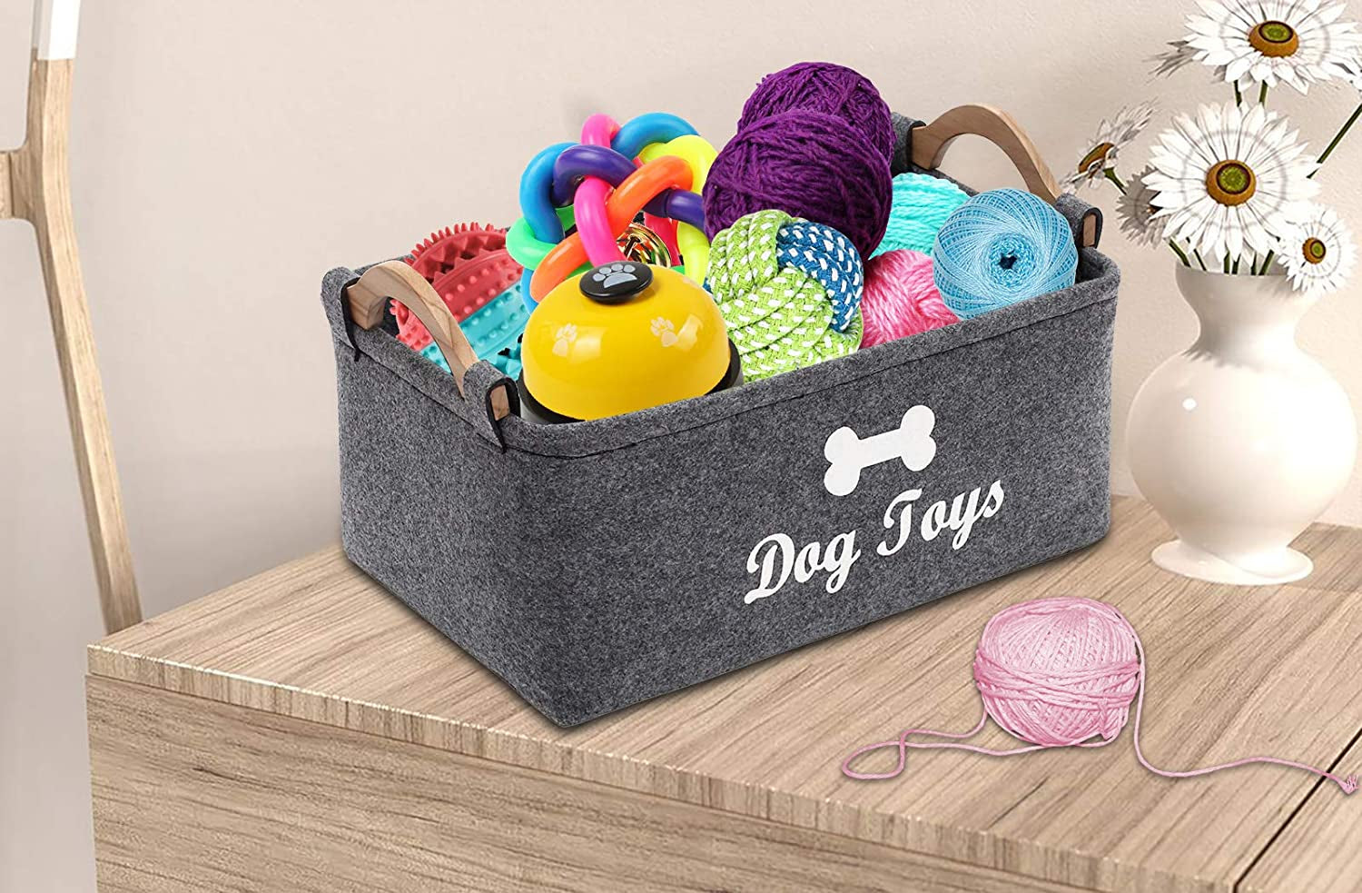 Felt Pet Toy Box and Dog Toy Box Storage Basket Chest Organizer - Perfect for Organizing Pet Toys, Blankets, Leashes and Food - Dog Toy - Grey
