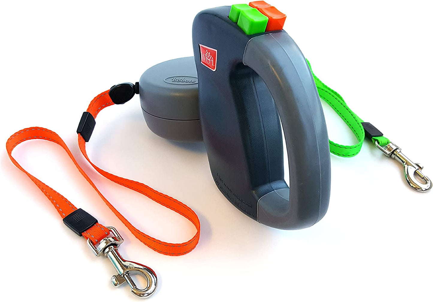 (2 Two Dog Reflective Retractable Pet Leash – 360 Degree Zero Tangle Patent - Two Dogs Each up to 50 Lbs and 10Ft. Reflective Orange and Green Leads. Dual Locking, Small, Gray
