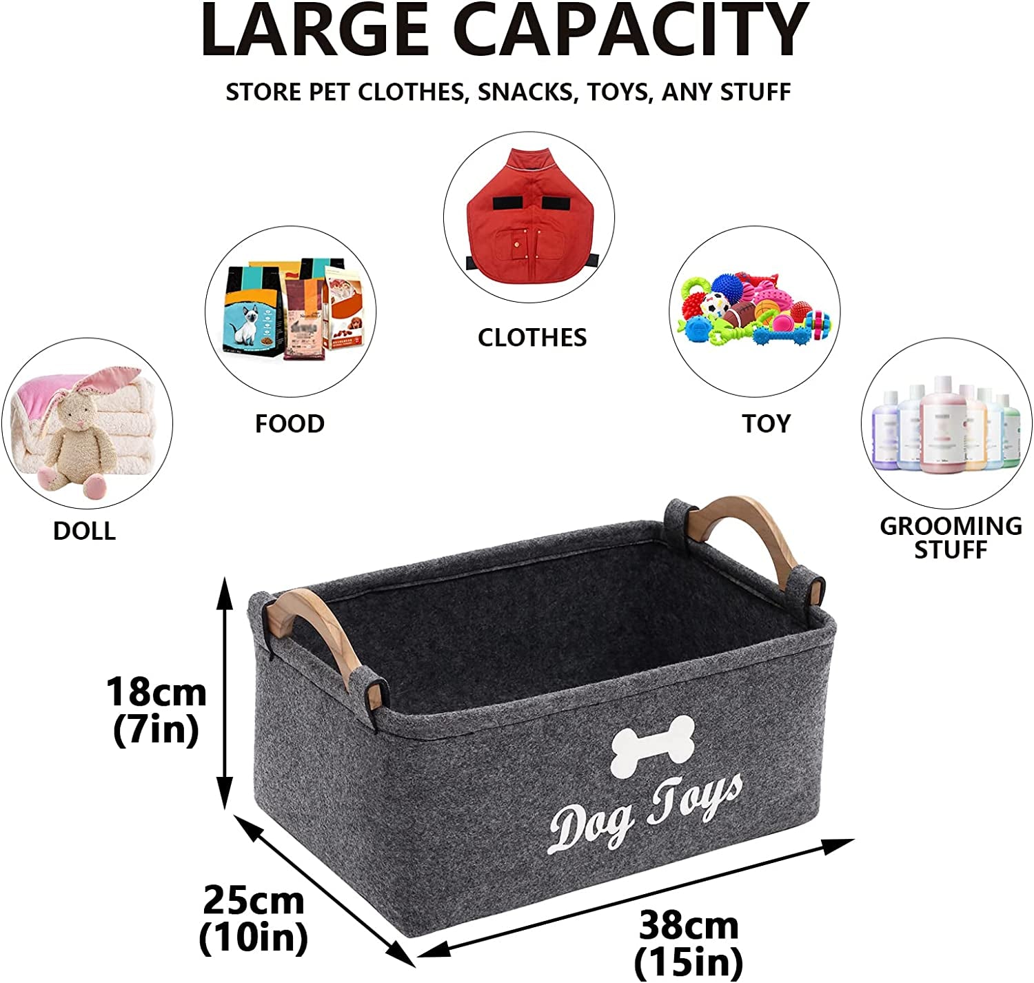 Felt Pet Toy Box and Dog Toy Box Storage Basket Chest Organizer - Perfect for Organizing Pet Toys, Blankets, Leashes and Food - Dog Toy - Grey