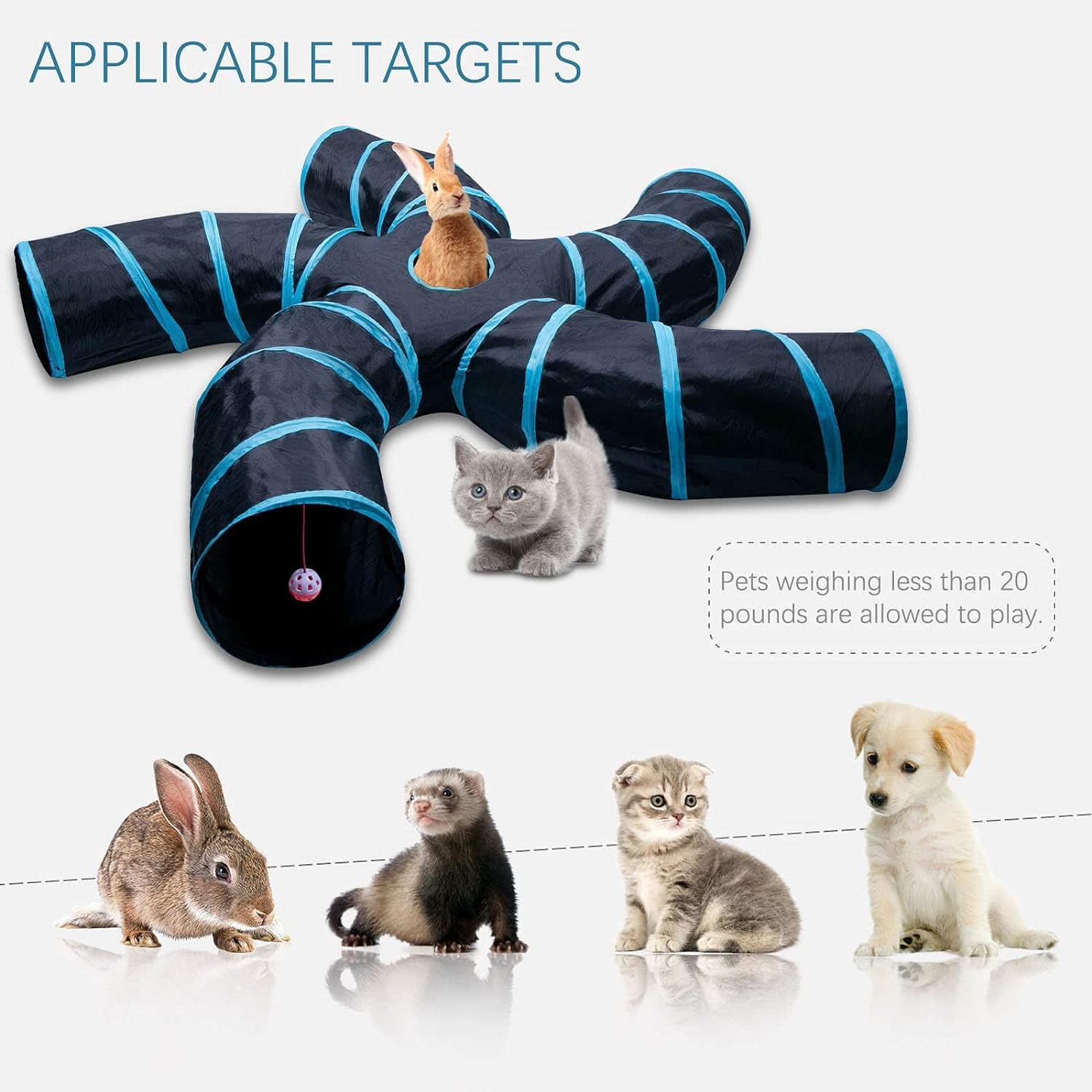 Cat Tunnel for Indoor Cats Large, with Play Ball S-Shape 5 Way Collapsible Interactive Peek Hole Pet Tube Toys, Puppy, Kitty, Kitten, Rabbit (Blue & Black)