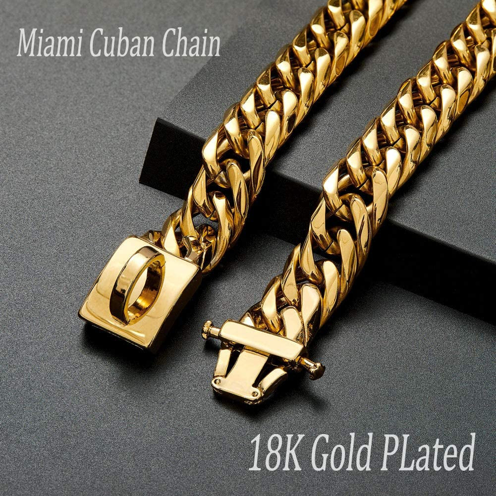 Heavy Duty 18K Gold Dog Big Cuban Collars, Large Medium Small Dogs, 16Mm Wide 16"-26" Thick Stainless Steel Link Necklace, Male Female Bulldog Doberman Dogs