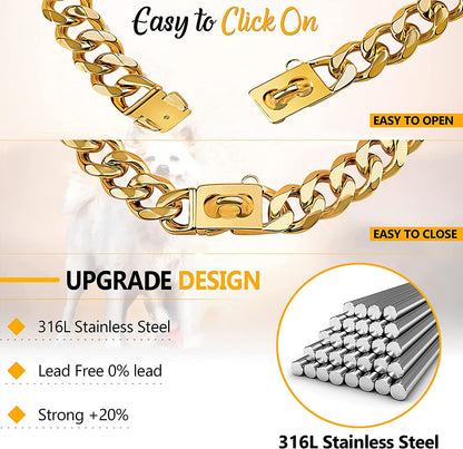 Gold Dog Chain Collar 19Mm Stainless Steel Cuban Link Chain Strong Heavy Duty Chew Proof Dog Necklace with Buckle for Luxury Training Dog Chain Collars for Medium Large Dog Gold Chain (16 Inch)