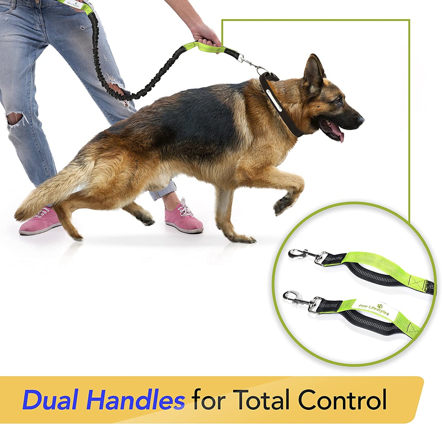 Retractable Hands Free Dog Leash W/Smartphone Pouch – Dual Handle Bungee Waist Leash for up to 150 Lbs Large Dogs