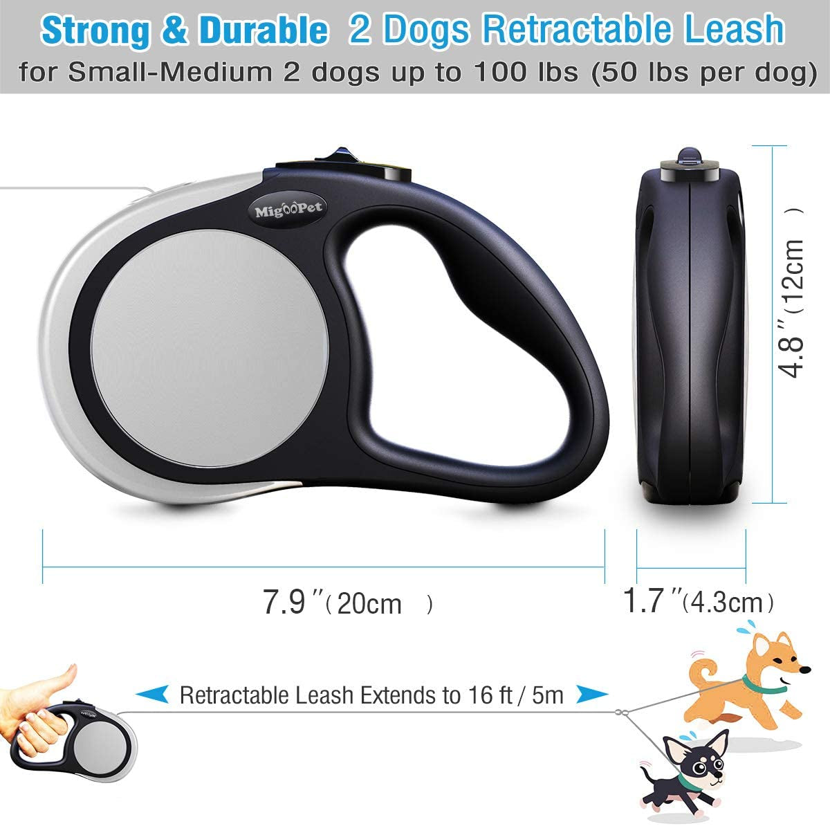 Double Retractable Dog Leash for Two Dogs up to 50 Lbs per Dog - 16 Ft Coupler Dog Leashes for Small Medium Dogs - One Locked System, Non Slip Grip, Tangle Free