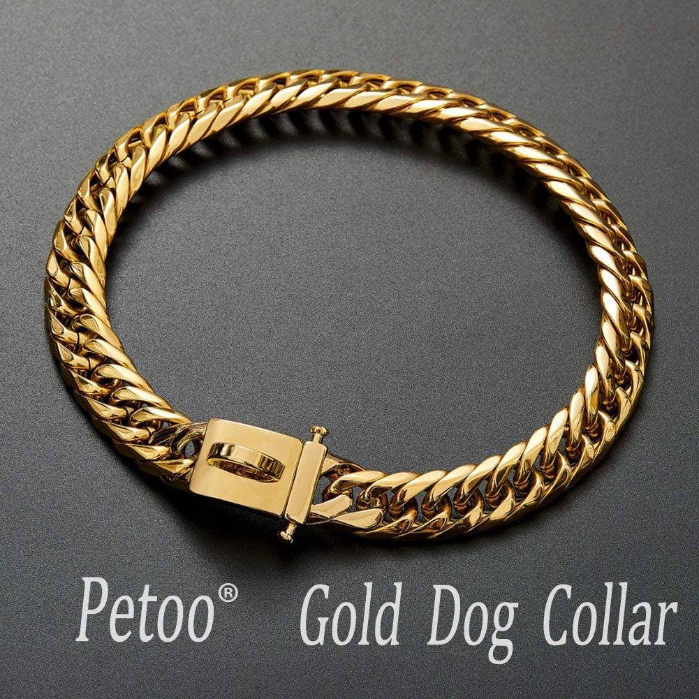 Heavy Duty 18K Gold Dog Big Cuban Collars, Large Medium Small Dogs, 16Mm Wide 16"-26" Thick Stainless Steel Link Necklace, Male Female Bulldog Doberman Dogs