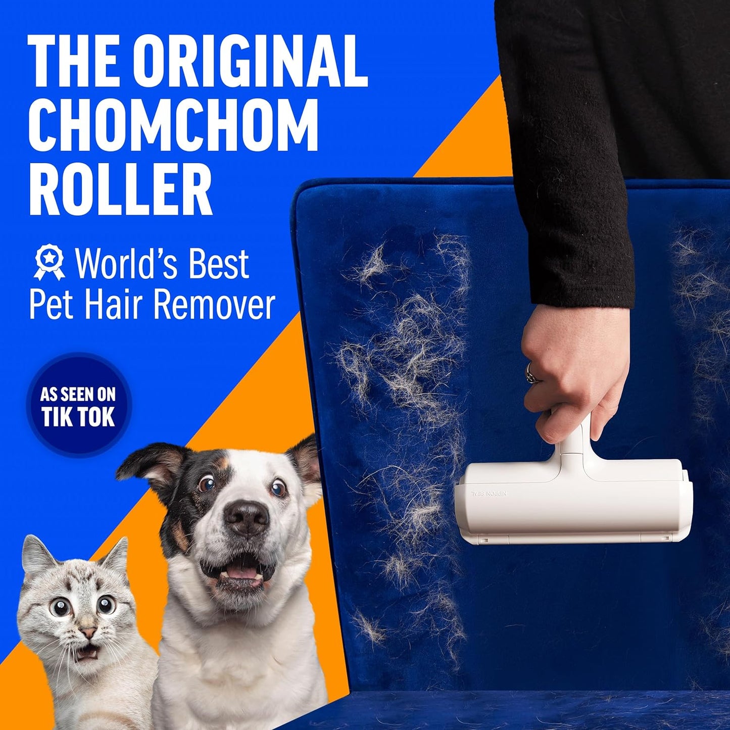 Chom Chom Roller Pet Hair Remover and Reusable Lint Roller -  Cat and Dog Hair Remover for Furniture, Couch, Carpet, Clothing and Bedding - Portable, Multi-Surface Fur Removal Tool