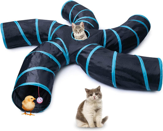 Cat Tunnel for Indoor Cats Large, with Play Ball S-Shape 5 Way Collapsible Interactive Peek Hole Pet Tube Toys, Puppy, Kitty, Kitten, Rabbit (Blue & Black)