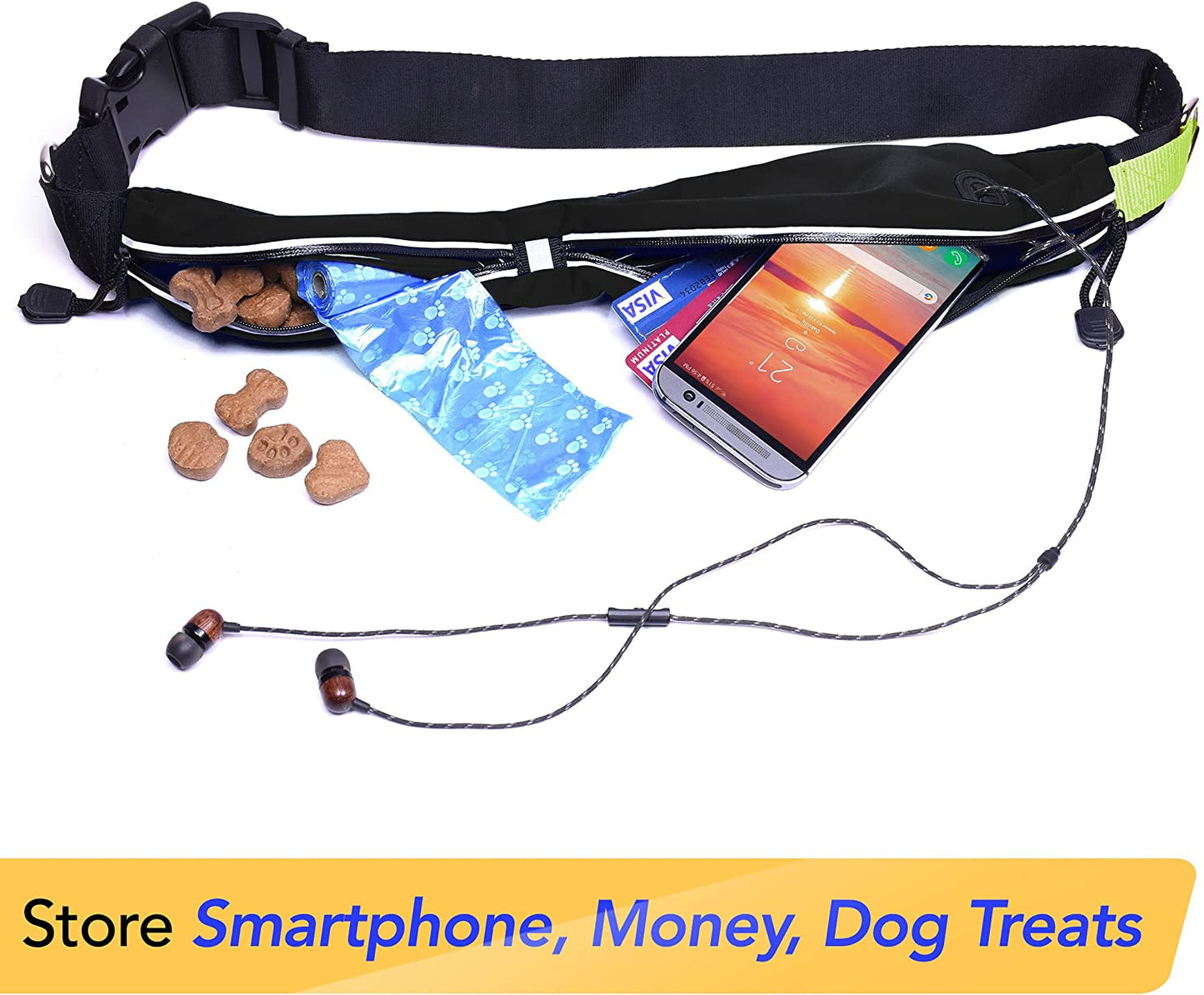Retractable Hands Free Dog Leash W/Smartphone Pouch – Dual Handle Bungee Waist Leash for up to 150 Lbs Large Dogs