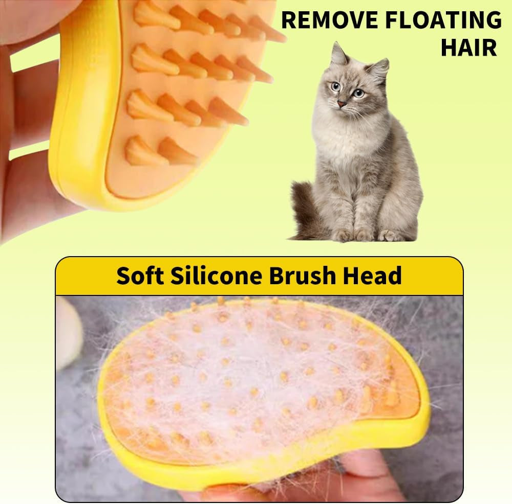 Steamy Cat Brush,3 In1 Spray Cat Brush, Self Cleaning Cat Steamy Brush, Cat Steamy Brush for Massage, Cat Grooming Brush for Removing Tangled and Loose Hair (Yellow)