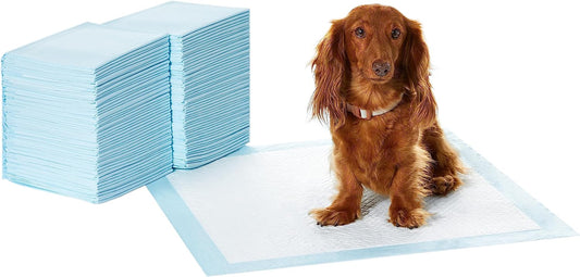 Dog and Puppy Pee Pads with Leak-Proof Quick-Dry Design for Potty Training, Standard Absorbency, Regular Size, 22 X 22 Inches, Pack of 100, Blue & White