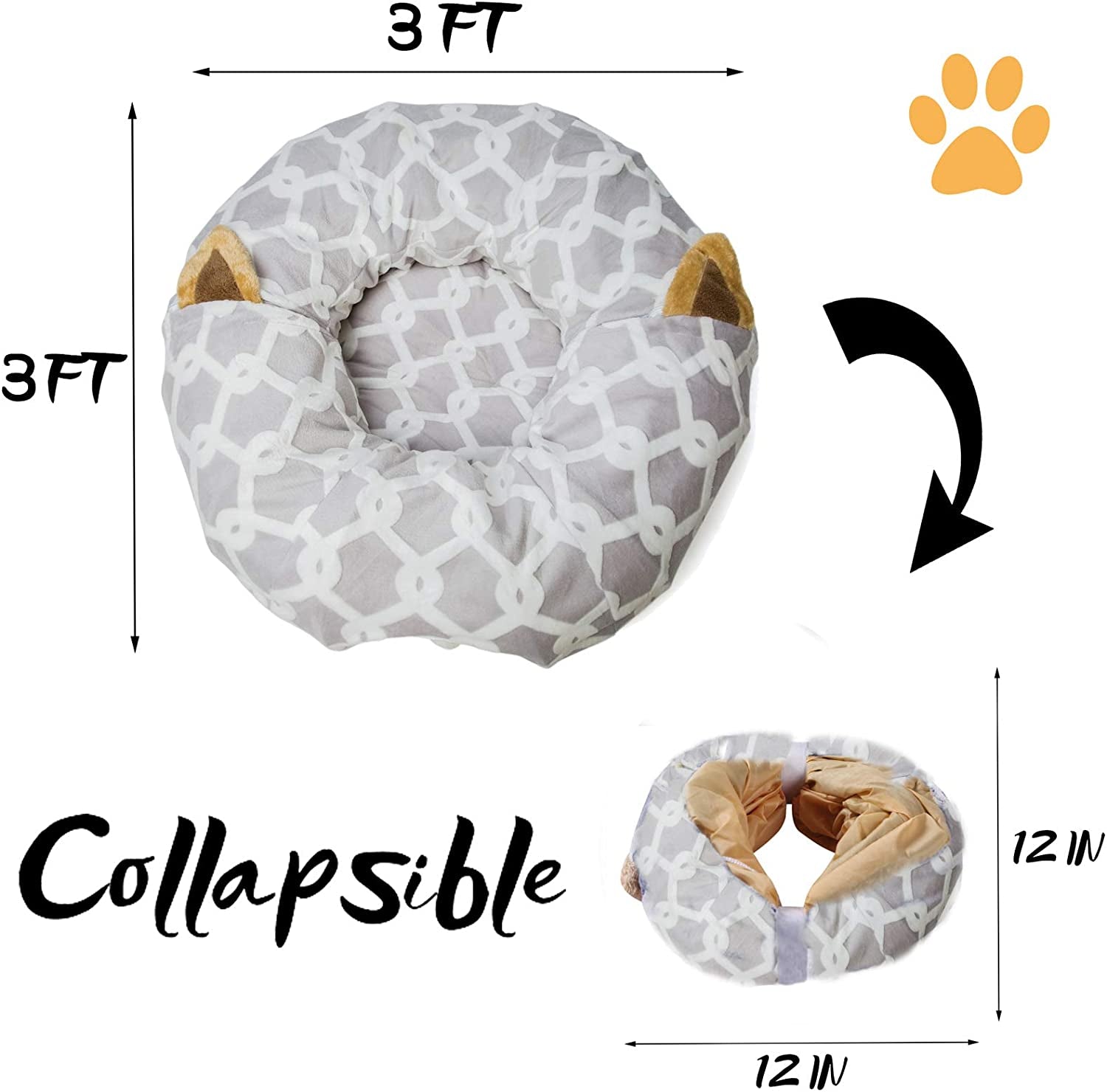 Large Cat Tunnel Bed with Plush Cover,Fluffy Toy Balls, Small Cushion and Flexible Design- 10 Inch Diameter, 3 Ft Length- Great for Cats, and Small Dogs, Gray Geometric Figure