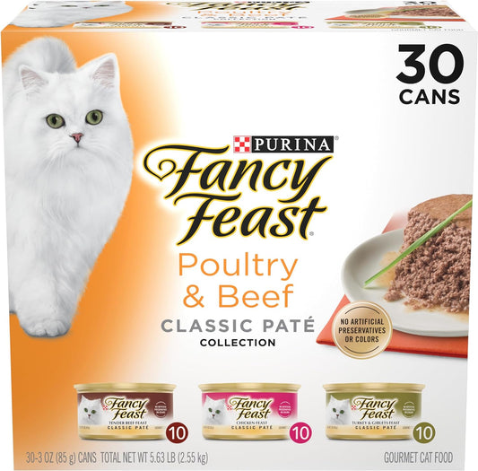 Fancy Feast Poultry and Beef Feast Classic Pate Collection Grain Free Wet Cat Food Variety Pack - (30) 3 Oz. Cans