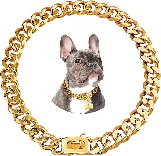 Gold Dog Chain Collar 19Mm Stainless Steel Cuban Link Chain Strong Heavy Duty Chew Proof Dog Necklace with Buckle for Luxury Training Dog Chain Collars for Medium Large Dog Gold Chain (16 Inch)