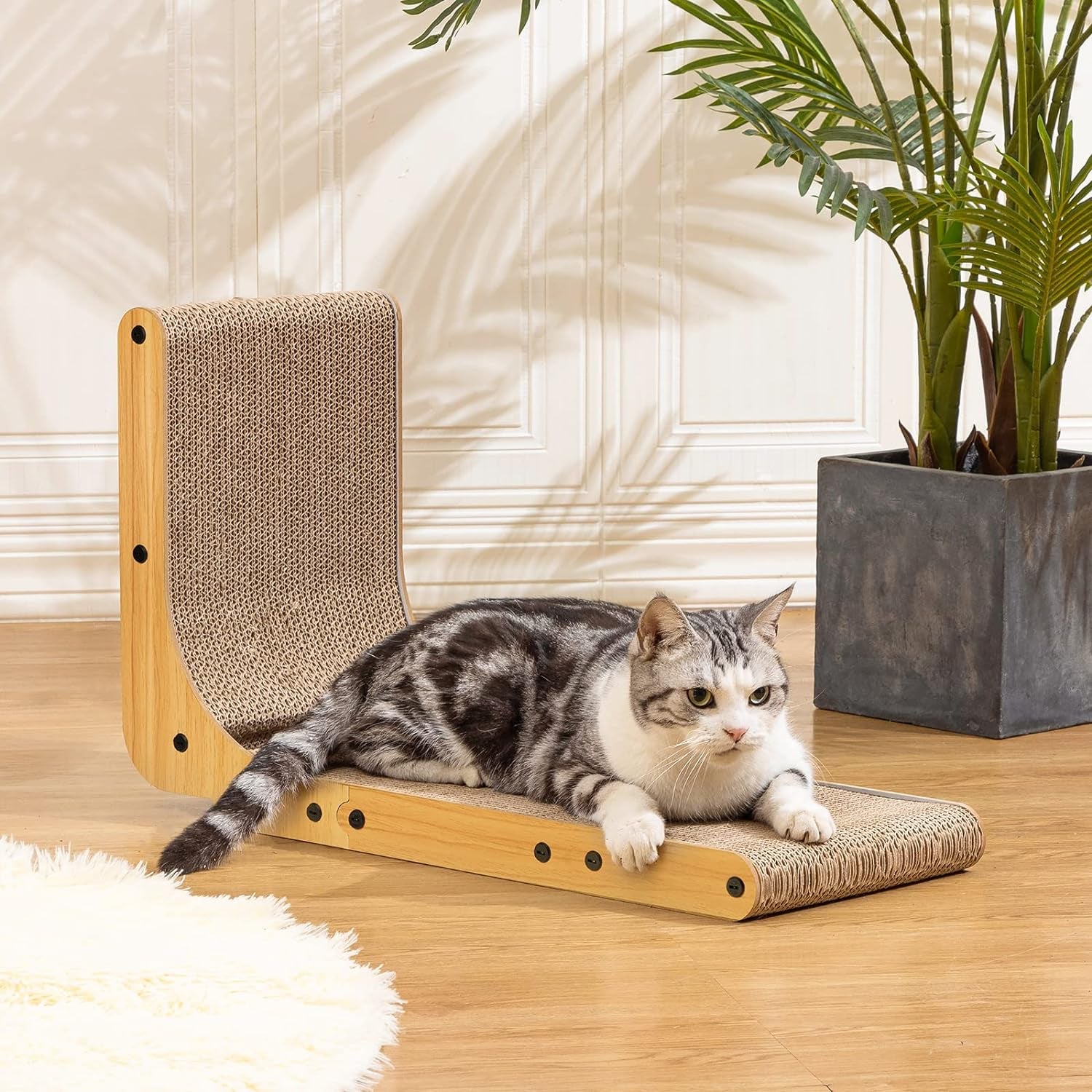 L Shape Cat Scratcher, 26.8 Inch Cat Scratchers for Indoor Cats, Protecting Furniture Cat Scratch Pad, Cardboard Cat Scratching with Ball Toy, Catnip, Large