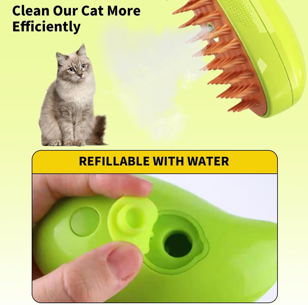Steamy Cat Brush,3 In1 Spray Cat Brush, Self Cleaning Cat Steamy Brush, Cat Steamy Brush for Massage, Cat Grooming Brush for Removing Tangled and Loose Hair (Yellow)